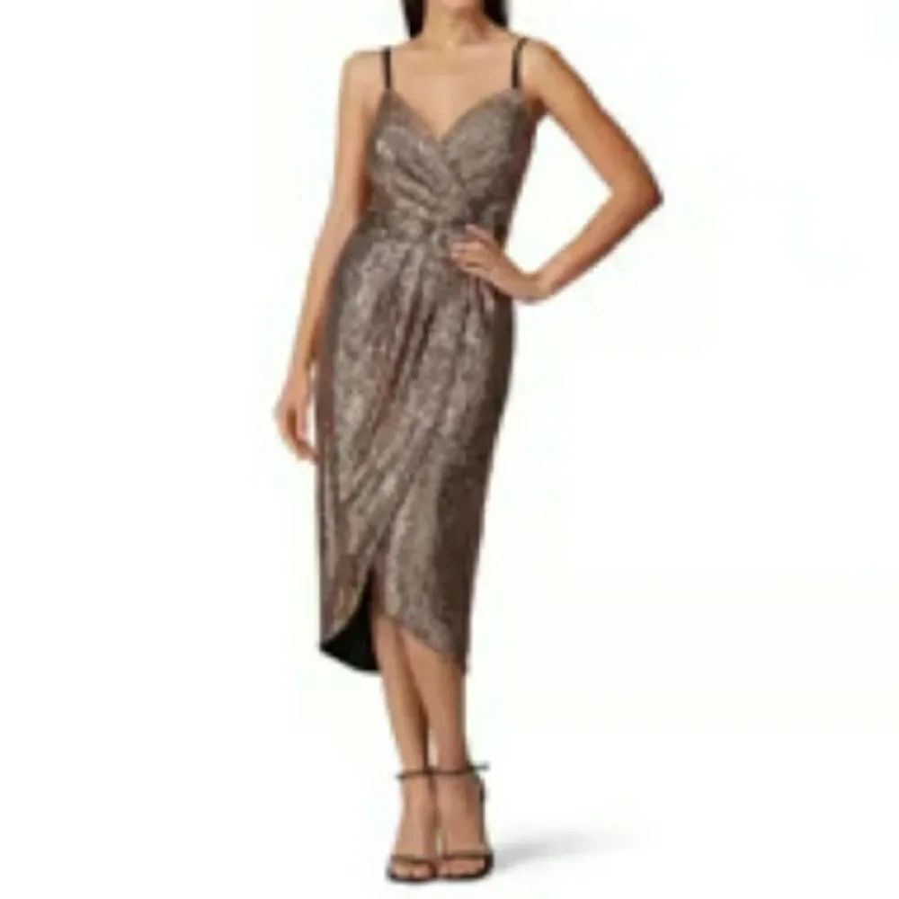 BRAND NEW ALEXA B GOLD ASYMMETRICAL WRAP MIDI DRESS